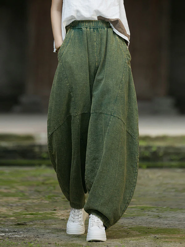Loose Elasticity Pockets Solid Color Split-Joint Cropped Trousers Pants - Image 17