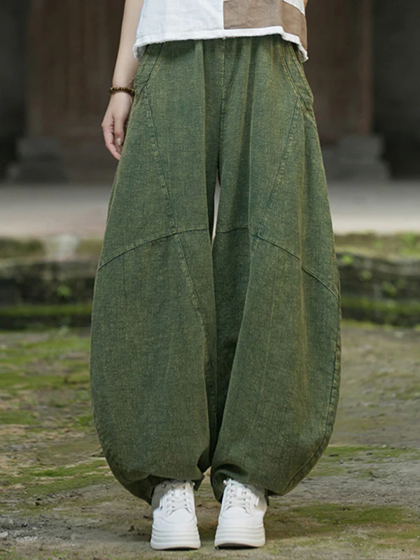 Loose Elasticity Pockets Solid Color Split-Joint Cropped Trousers Pants - Image 18