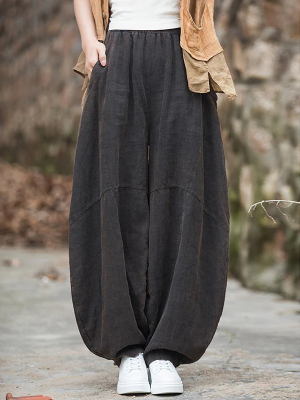 Loose Elasticity Pockets Solid Color Split-Joint Cropped Trousers Pants - Image 20