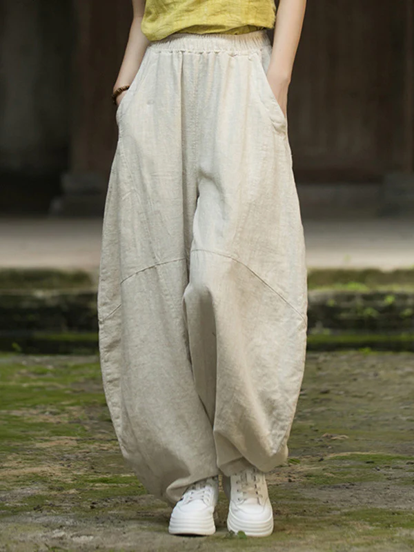 Loose Elasticity Pockets Solid Color Split-Joint Cropped Trousers Pants - Image 22