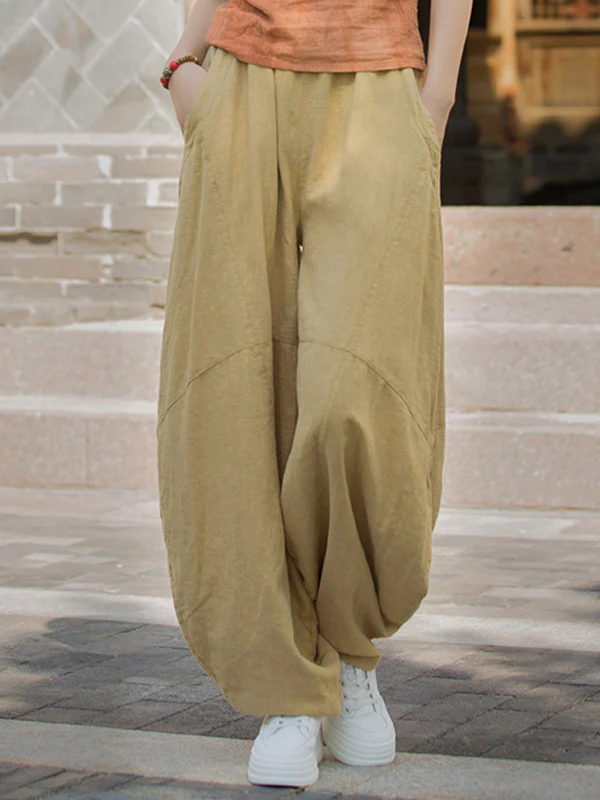 Loose Elasticity Pockets Solid Color Split-Joint Cropped Trousers Pants - Image 23