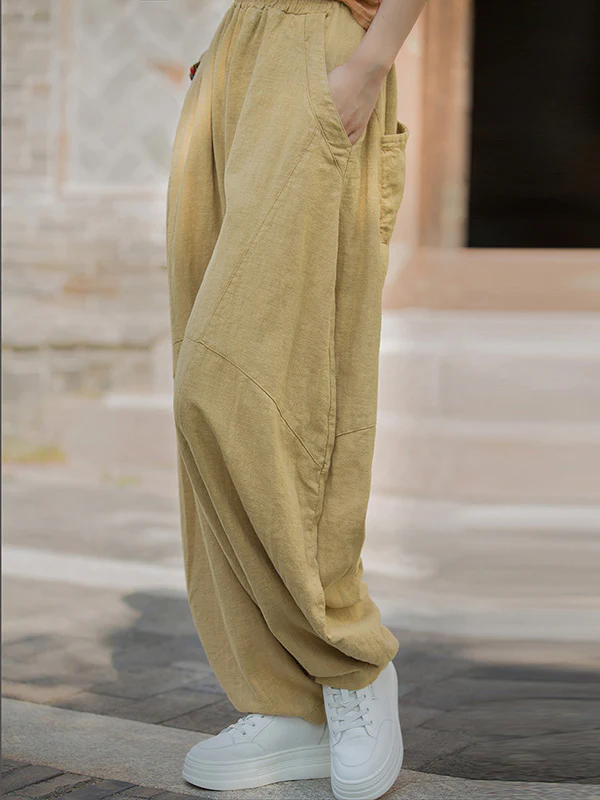 Loose Elasticity Pockets Solid Color Split-Joint Cropped Trousers Pants - Image 24