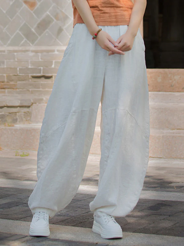 Loose Elasticity Pockets Solid Color Split-Joint Cropped Trousers Pants - Image 25