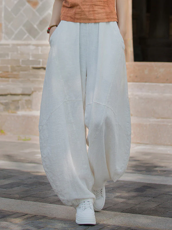 Loose Elasticity Pockets Solid Color Split-Joint Cropped Trousers Pants - Image 26
