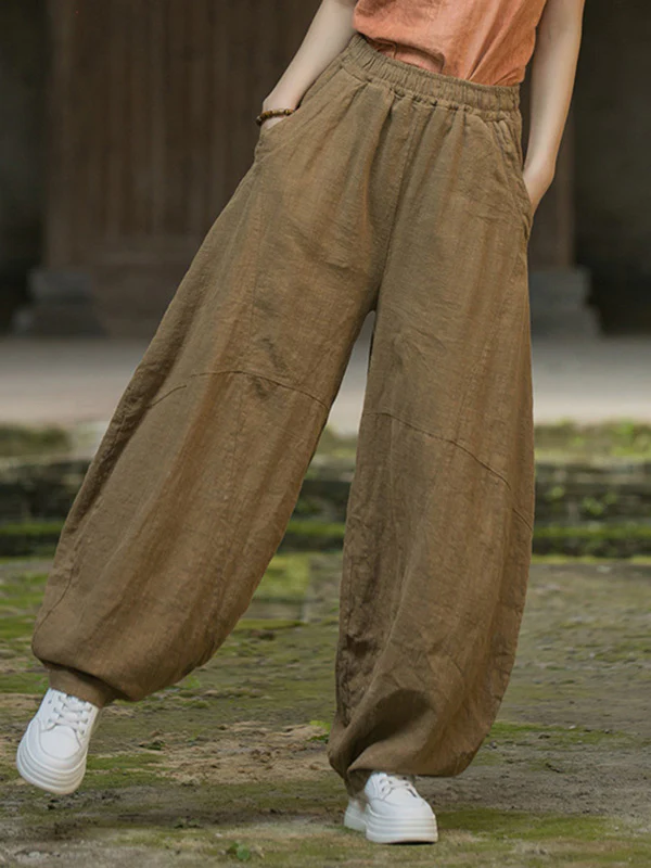 Loose Elasticity Pockets Solid Color Split-Joint Cropped Trousers Pants - Image 27