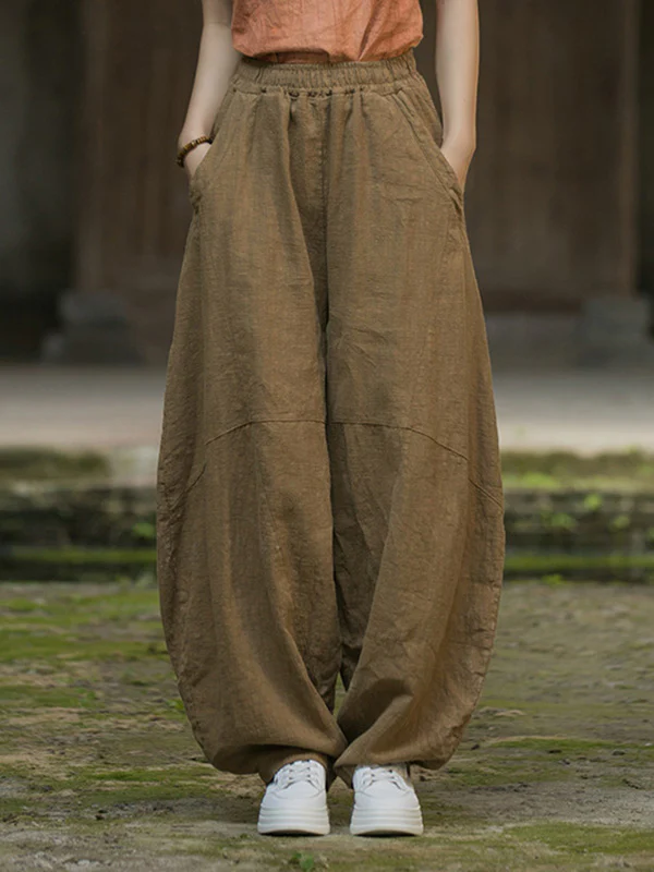 Loose Elasticity Pockets Solid Color Split-Joint Cropped Trousers Pants - Image 28