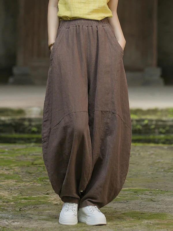 Loose Elasticity Pockets Solid Color Split-Joint Cropped Trousers Pants - Image 29
