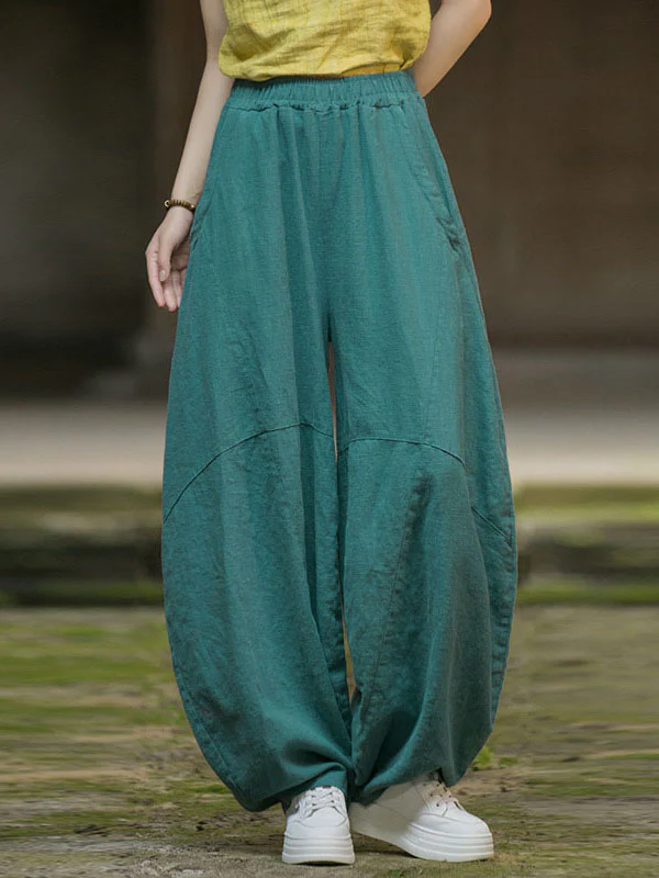 Loose Elasticity Pockets Solid Color Split-Joint Cropped Trousers Pants - Image 3