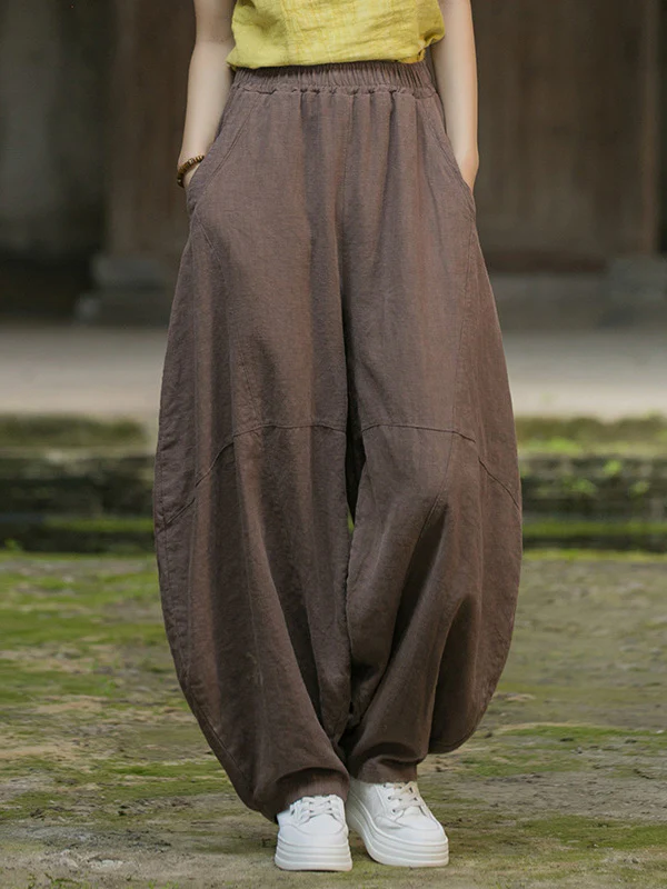 Loose Elasticity Pockets Solid Color Split-Joint Cropped Trousers Pants - Image 30