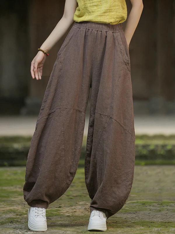 Loose Elasticity Pockets Solid Color Split-Joint Cropped Trousers Pants - Image 31