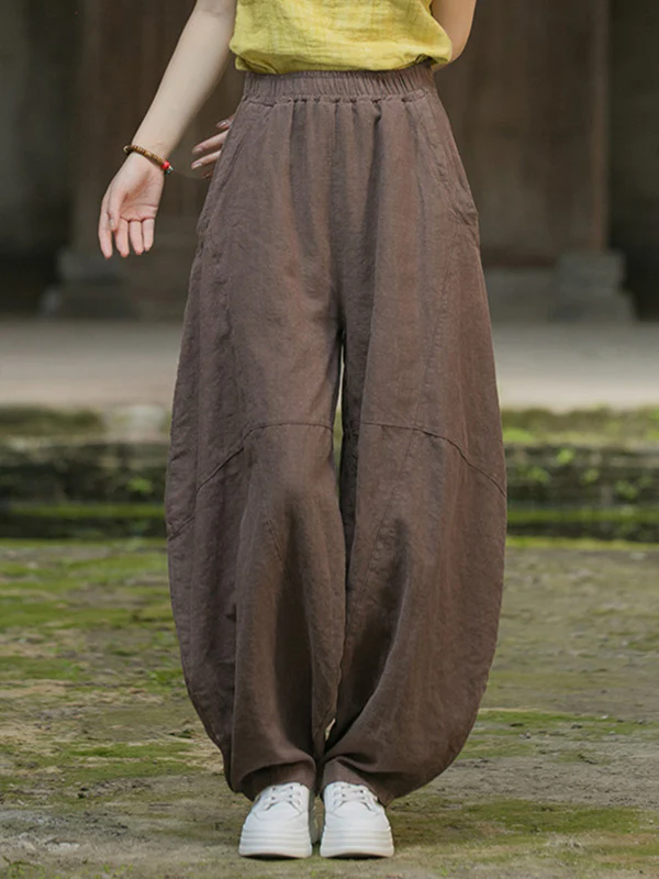 Loose Elasticity Pockets Solid Color Split-Joint Cropped Trousers Pants - Image 32