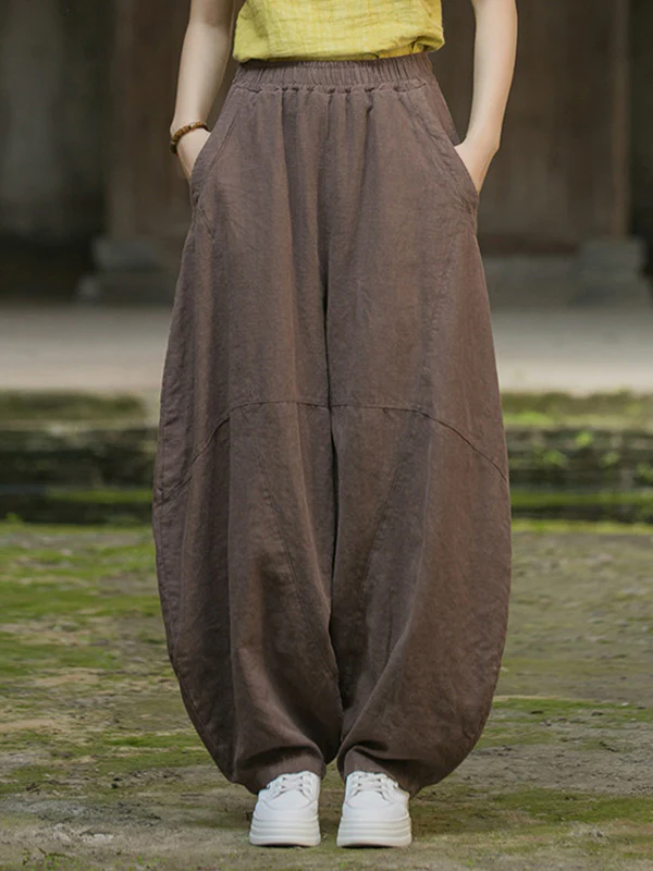 Loose Elasticity Pockets Solid Color Split-Joint Cropped Trousers Pants - Image 4