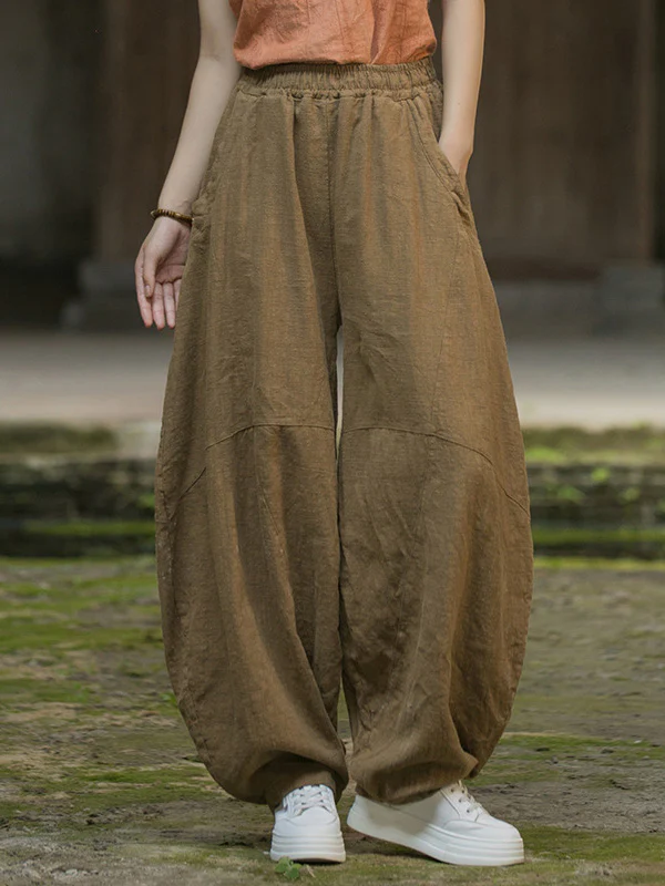 Loose Elasticity Pockets Solid Color Split-Joint Cropped Trousers Pants - Image 5