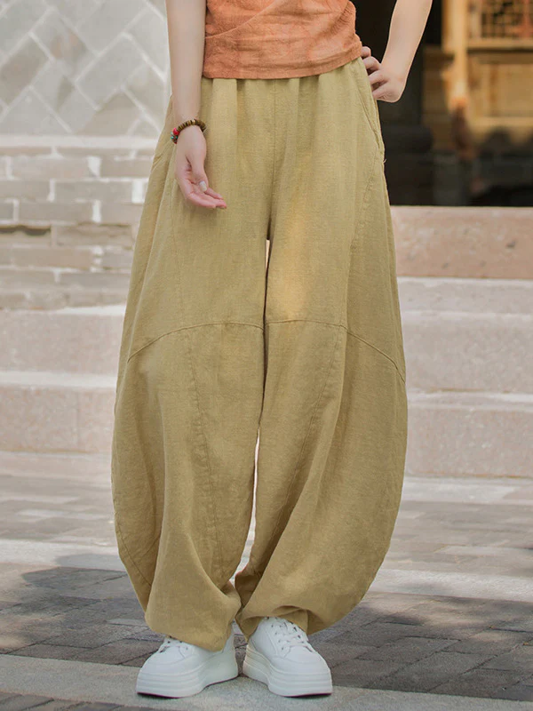 Loose Elasticity Pockets Solid Color Split-Joint Cropped Trousers Pants - Image 6
