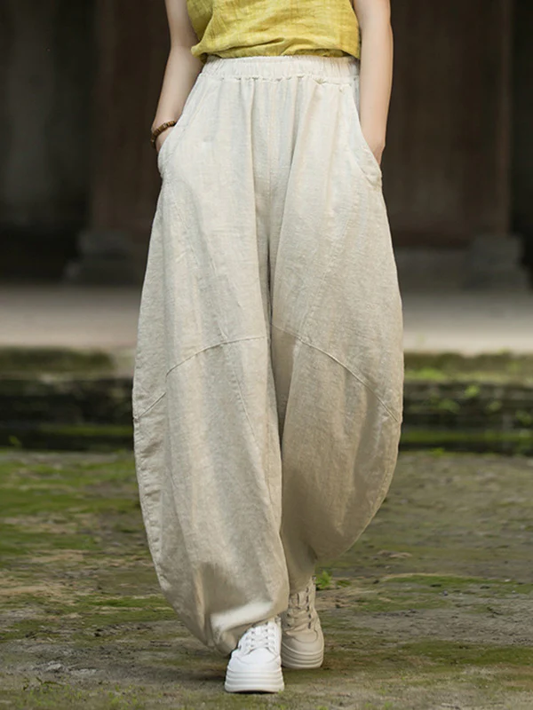 Loose Elasticity Pockets Solid Color Split-Joint Cropped Trousers Pants - Image 7