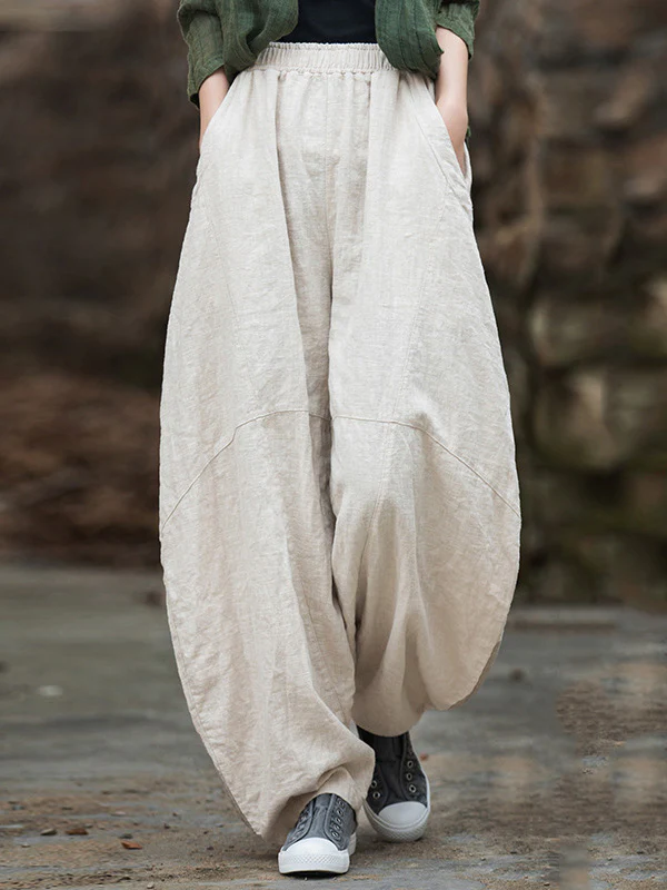 Loose Elasticity Pockets Solid Color Split-Joint Cropped Trousers Pants - Image 8