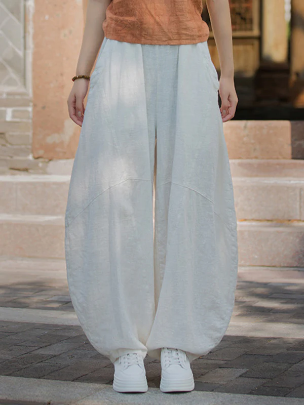 Loose Elasticity Pockets Solid Color Split-Joint Cropped Trousers Pants - Image 9