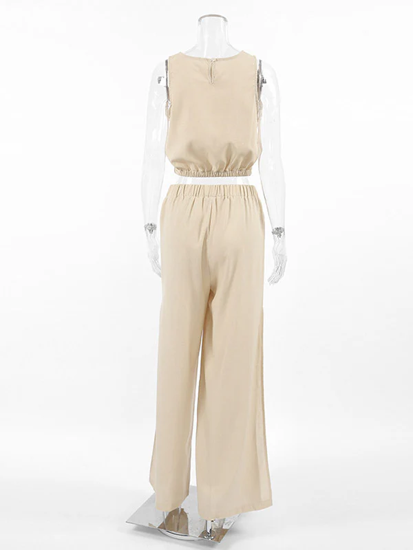 Loose Elasticity Solid Color Split-Joint Round-Neck Vest + High Waisted Split-Side Pants Two Pieces Set - Image 10
