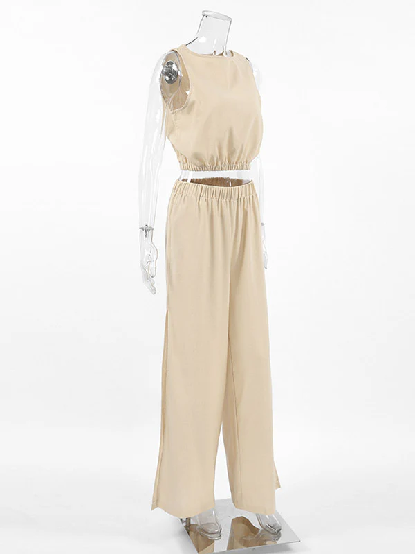 Loose Elasticity Solid Color Split-Joint Round-Neck Vest + High Waisted Split-Side Pants Two Pieces Set - Image 11