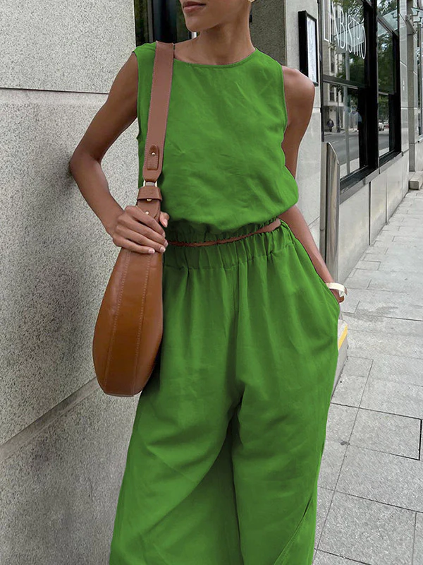 Loose Elasticity Solid Color Split-Joint Round-Neck Vest + High Waisted Split-Side Pants Two Pieces Set - Image 17