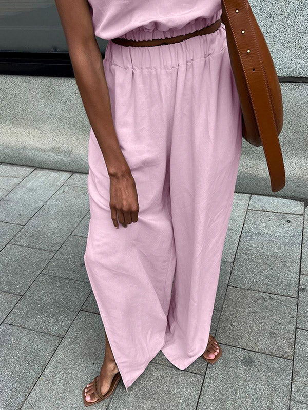 Loose Elasticity Solid Color Split-Joint Round-Neck Vest + High Waisted Split-Side Pants Two Pieces Set - Image 18