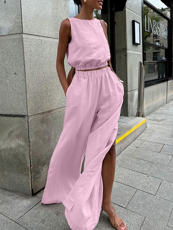 Loose Elasticity Solid Color Split-Joint Round-Neck Vest + High Waisted Split-Side Pants Two Pieces Set - Image 5