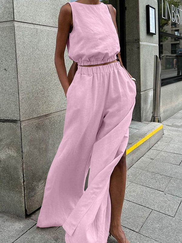 Loose Elasticity Solid Color Split-Joint Round-Neck Vest + High Waisted Split-Side Pants Two Pieces Set - Image 6
