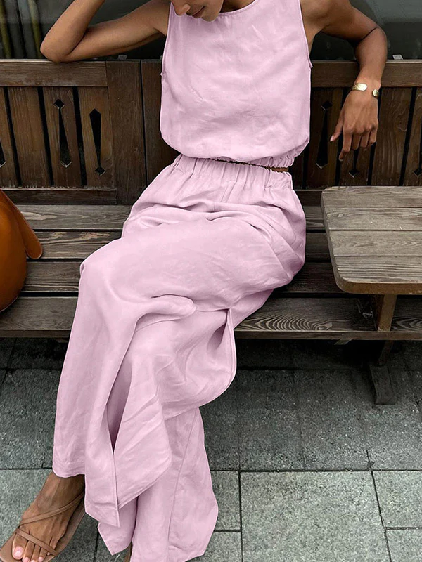 Loose Elasticity Solid Color Split-Joint Round-Neck Vest + High Waisted Split-Side Pants Two Pieces Set - Image 7