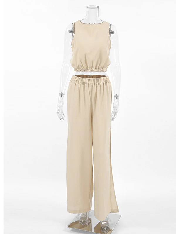Loose Elasticity Solid Color Split-Joint Round-Neck Vest + High Waisted Split-Side Pants Two Pieces Set - Image 9