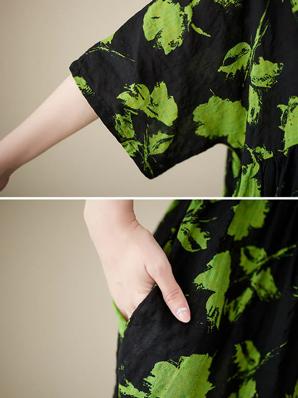 Loose Floral Pleated Round-Neck Midi Dresses - Image 10