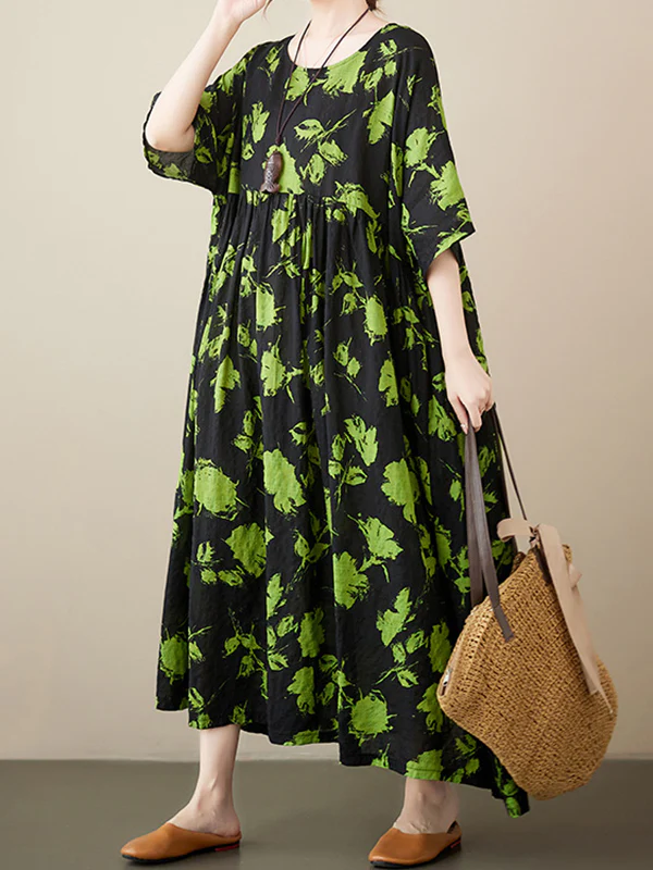 Loose Floral Pleated Round-Neck Midi Dresses - Image 2