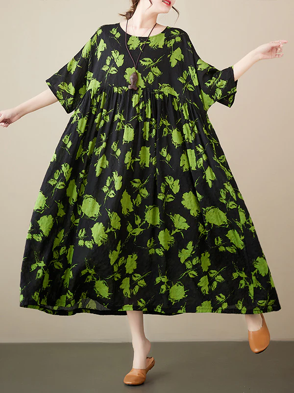 Loose Floral Pleated Round-Neck Midi Dresses - Image 3