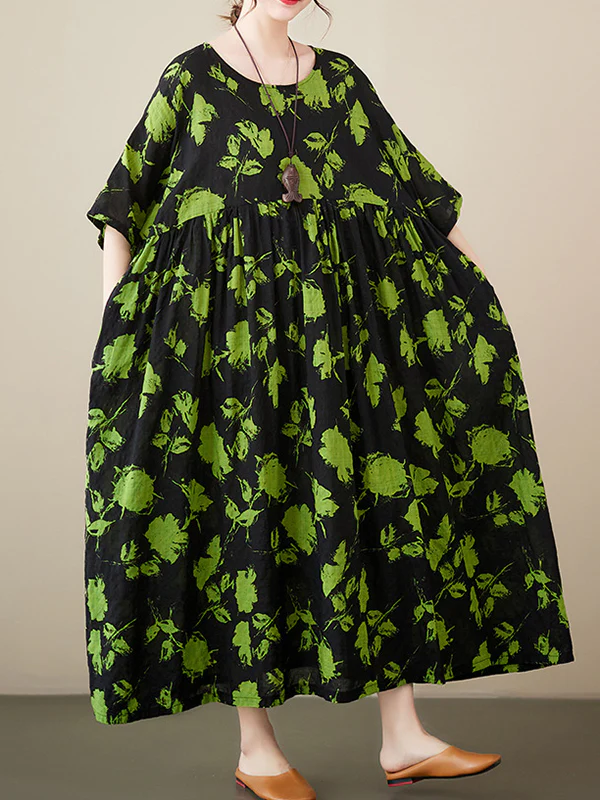 Loose Floral Pleated Round-Neck Midi Dresses - Image 4