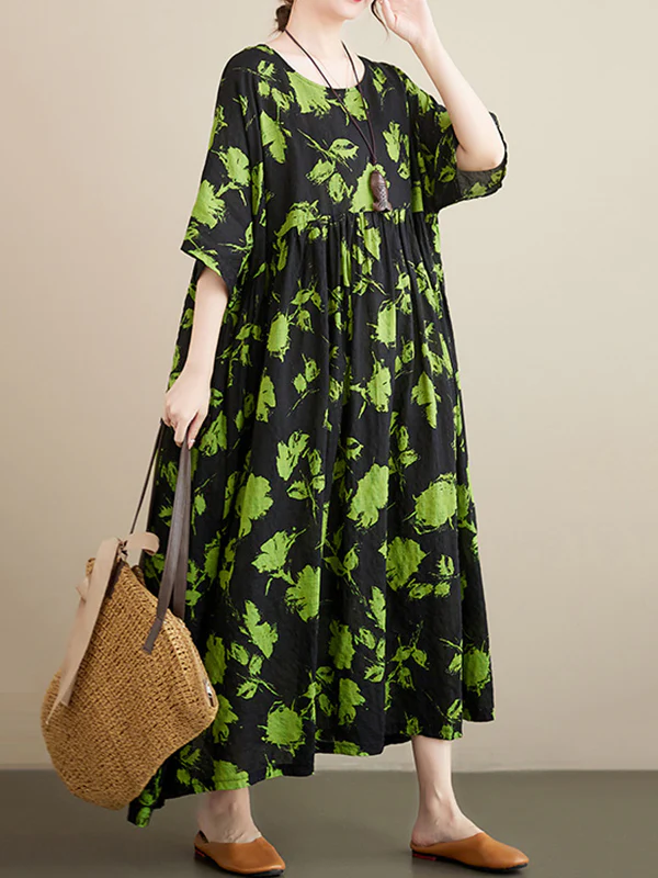 Loose Floral Pleated Round-Neck Midi Dresses - Image 5