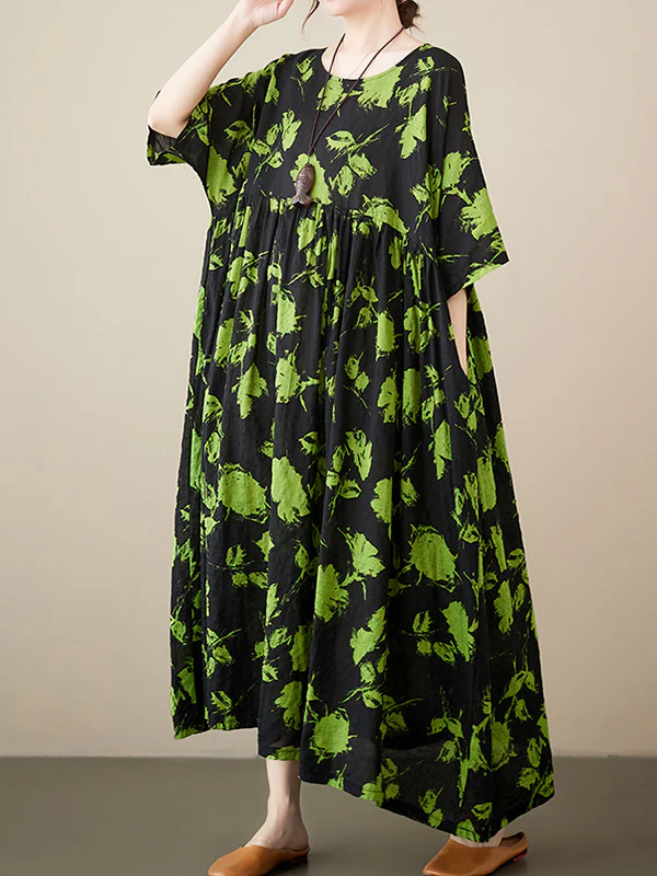 Loose Floral Pleated Round-Neck Midi Dresses - Image 6