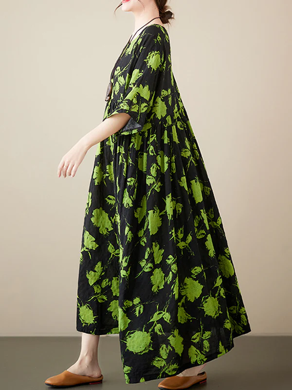 Loose Floral Pleated Round-Neck Midi Dresses - Image 7