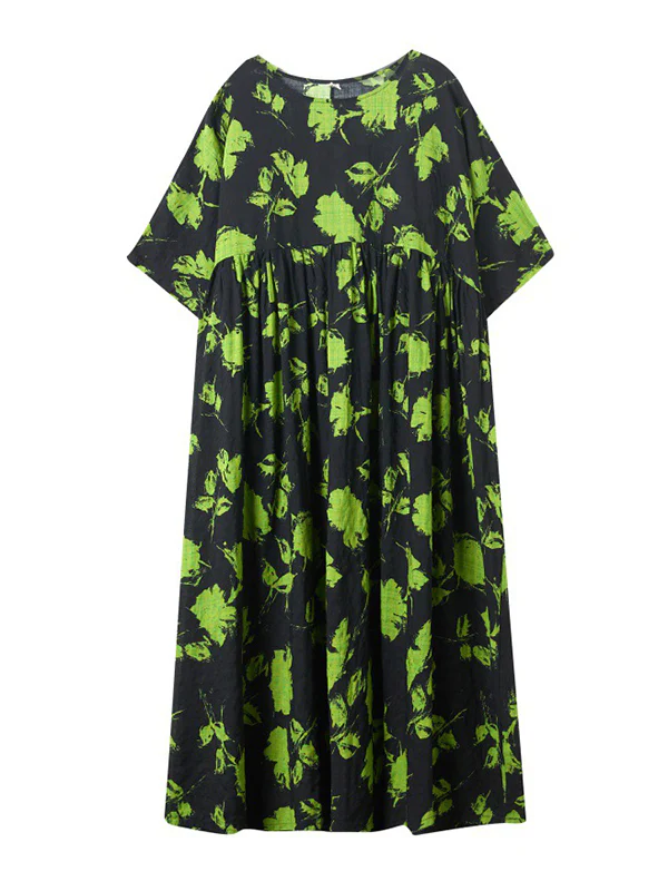 Loose Floral Pleated Round-Neck Midi Dresses - Image 8