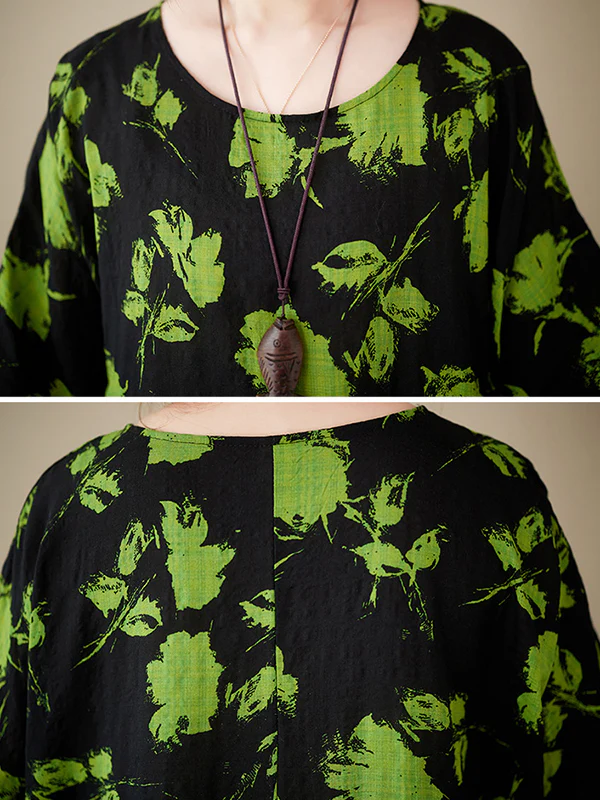 Loose Floral Pleated Round-Neck Midi Dresses - Image 9