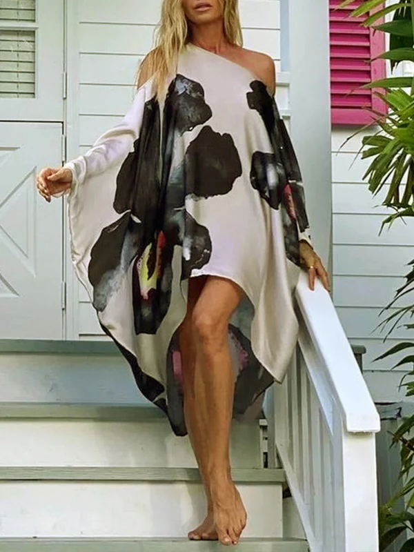 Loose Flower Print Cold Shoulder High-Low Long Dress - Image 4