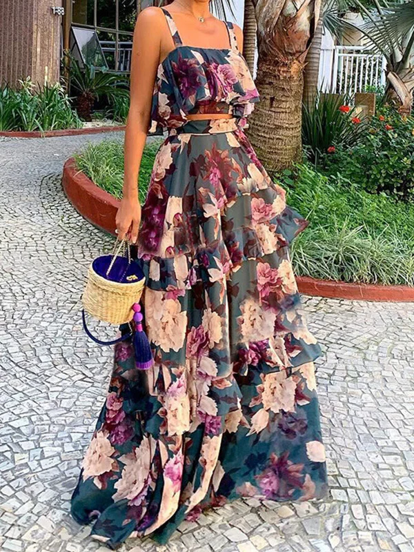 Loose Flower Print Layered Split-Joint Spaghetti-Neck Vest Top +High Waisted Skirts Bottom Two Pieces Set - Image 2