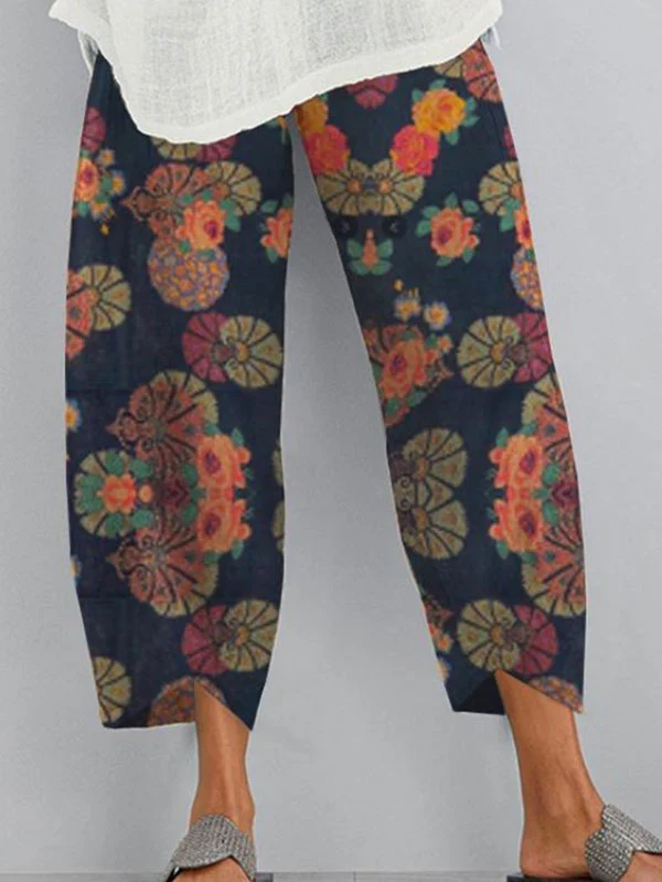 Loose Flower Print Pockets Split-Joint Pants Trousers - Image 2