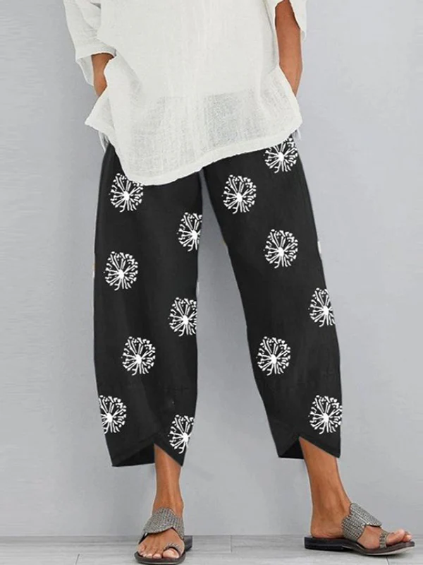 Loose Flower Print Pockets Split-Joint Pants Trousers - Image 2