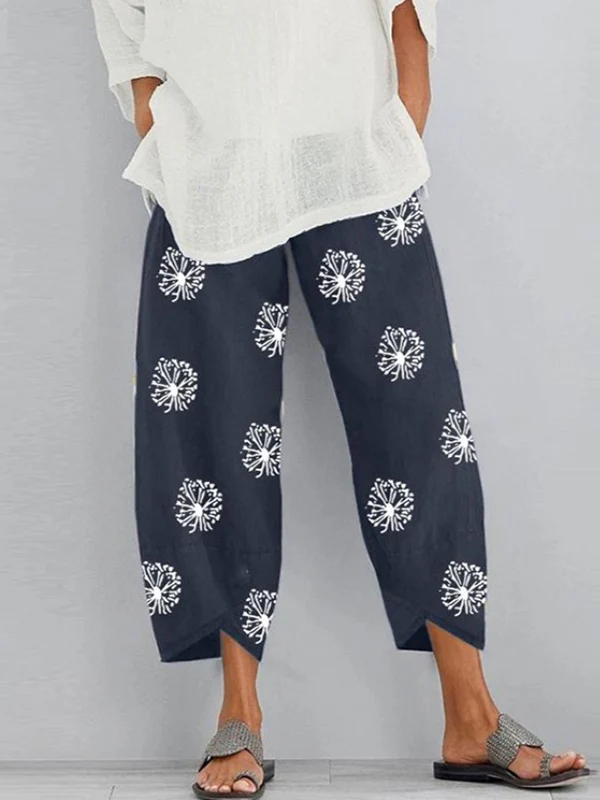 Loose Flower Print Pockets Split-Joint Pants Trousers - Image 3