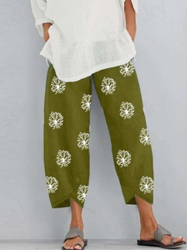 Loose Flower Print Pockets Split-Joint Pants Trousers - Image 4