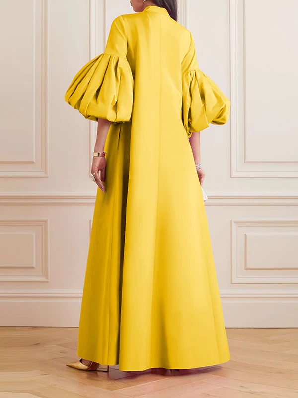 Loose Flower Shape Solid Color Stand Collar Lantern Sleeves Maxi Dresses - Image 10