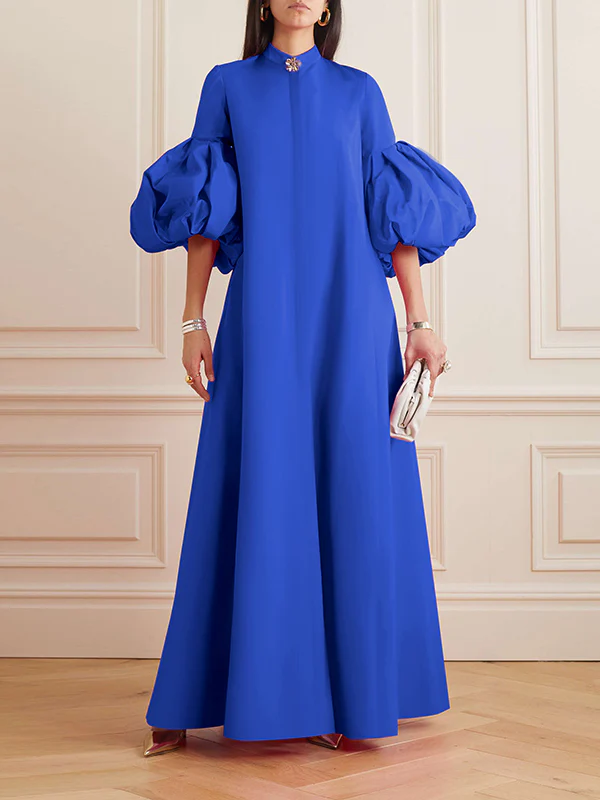Loose Flower Shape Solid Color Stand Collar Lantern Sleeves Maxi Dresses - Image 3