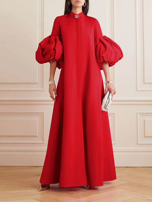 Loose Flower Shape Solid Color Stand Collar Lantern Sleeves Maxi Dresses - Image 4