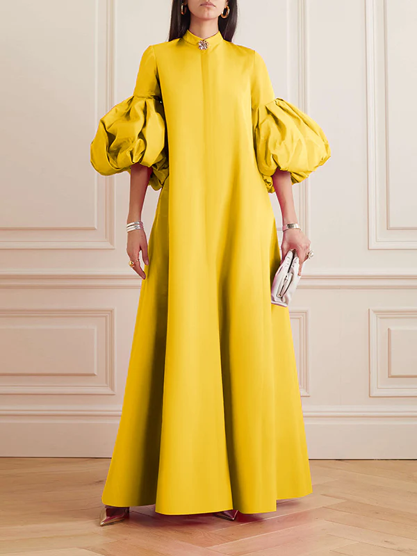 Loose Flower Shape Solid Color Stand Collar Lantern Sleeves Maxi Dresses - Image 5