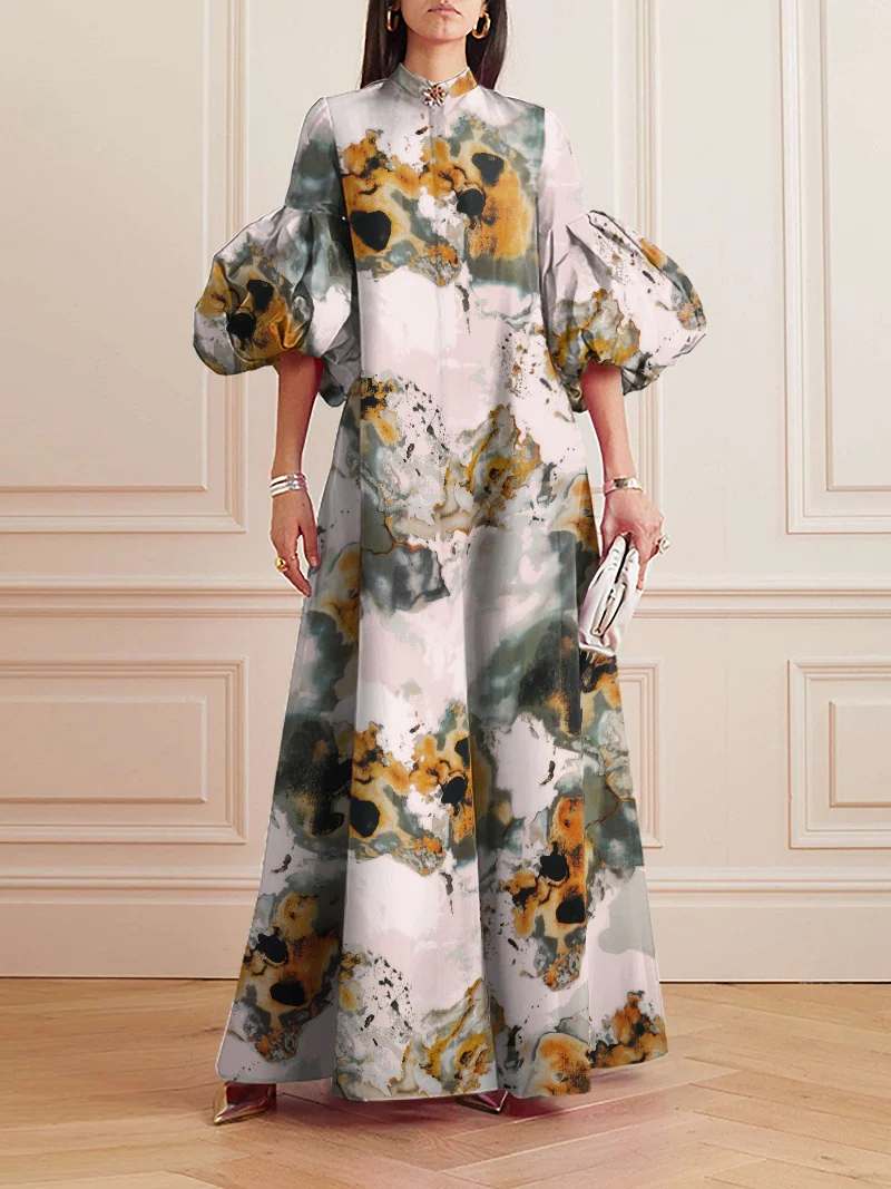 Loose Flower Shape Solid Color Stand Collar Lantern Sleeves Maxi Dresses - Image 6