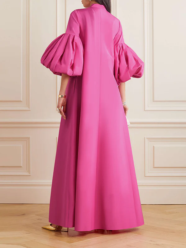 Loose Flower Shape Solid Color Stand Collar Lantern Sleeves Maxi Dresses - Image 7